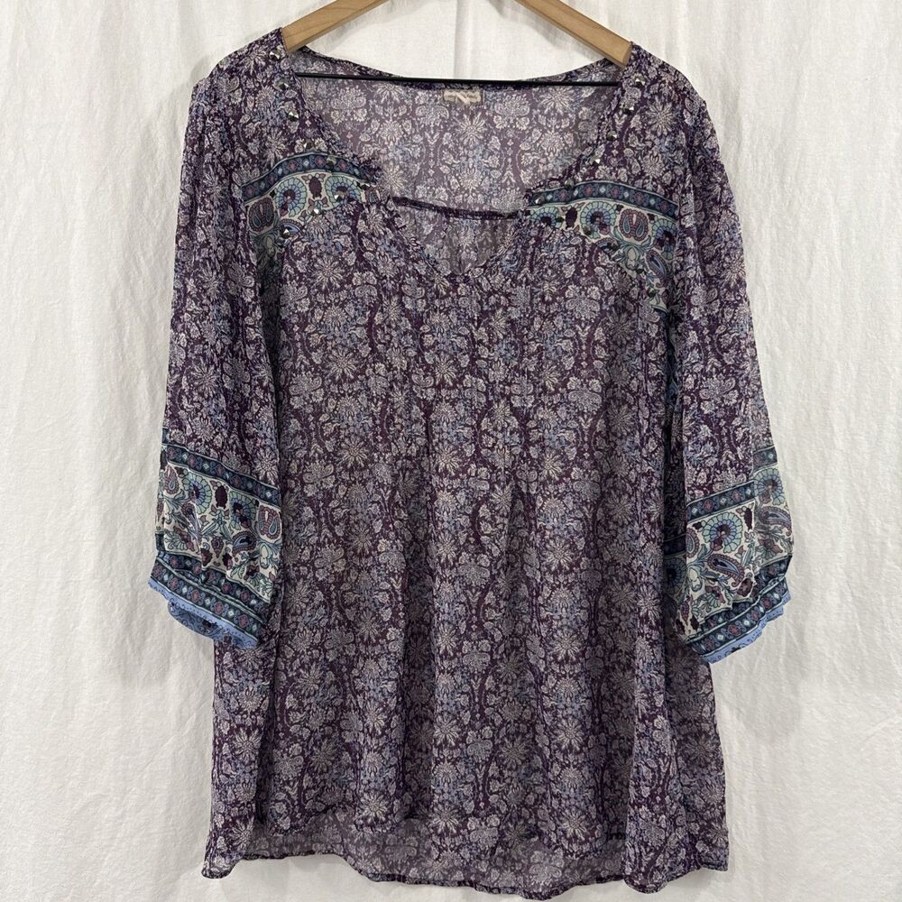 Eyeshadow Womens Sz 1X Purple Floral Sheer Studded Peasant Top Cottagecore Boho
